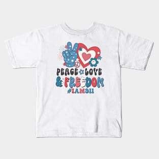 Peace Love and Freedom 4th of July Dispatcher Gift for 911 Thin Gold Line First Responders Kids T-Shirt